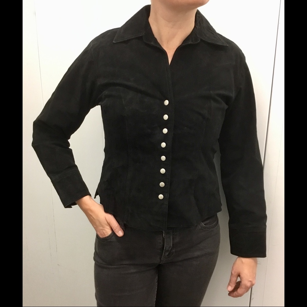 Black suede buttons down leather jacket, women’s